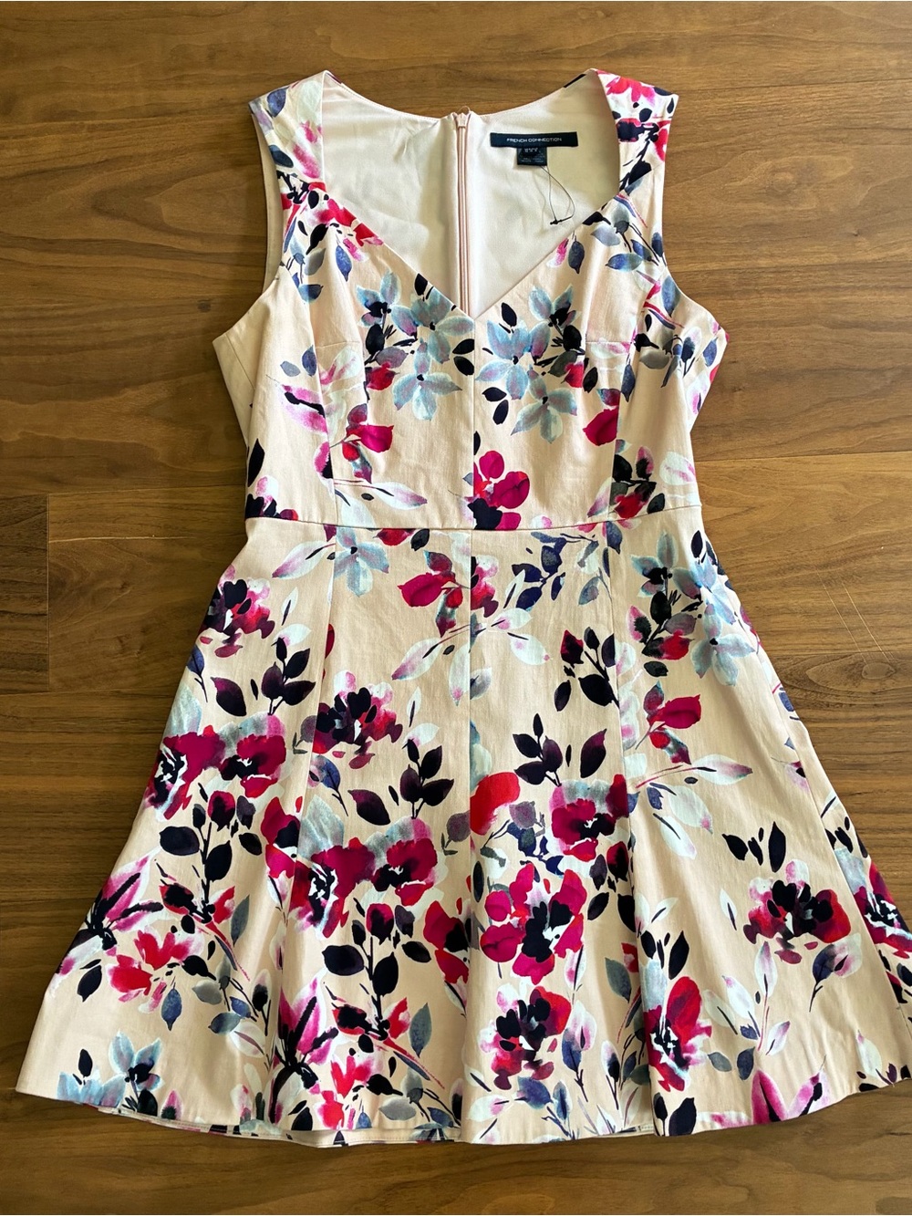 French Connection Floral Fit & Flare Dress in Cream with Pink & Navy Accents